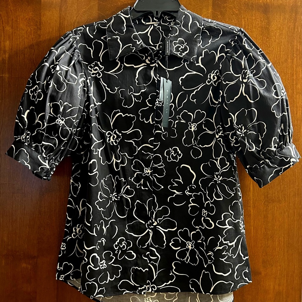 Elie Tahari Black Floral Blouse With Puff Short Sleeves, Size L